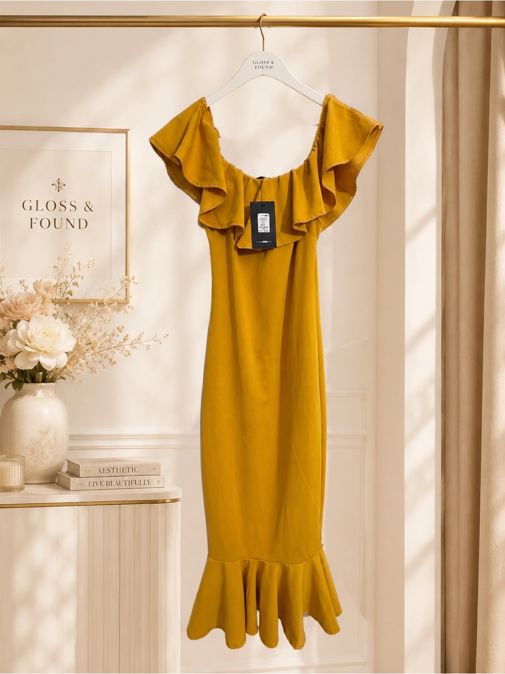 Fashion Nova Moments Like This Ruffle Dress Mustard L Off Shoulder Midi NWT